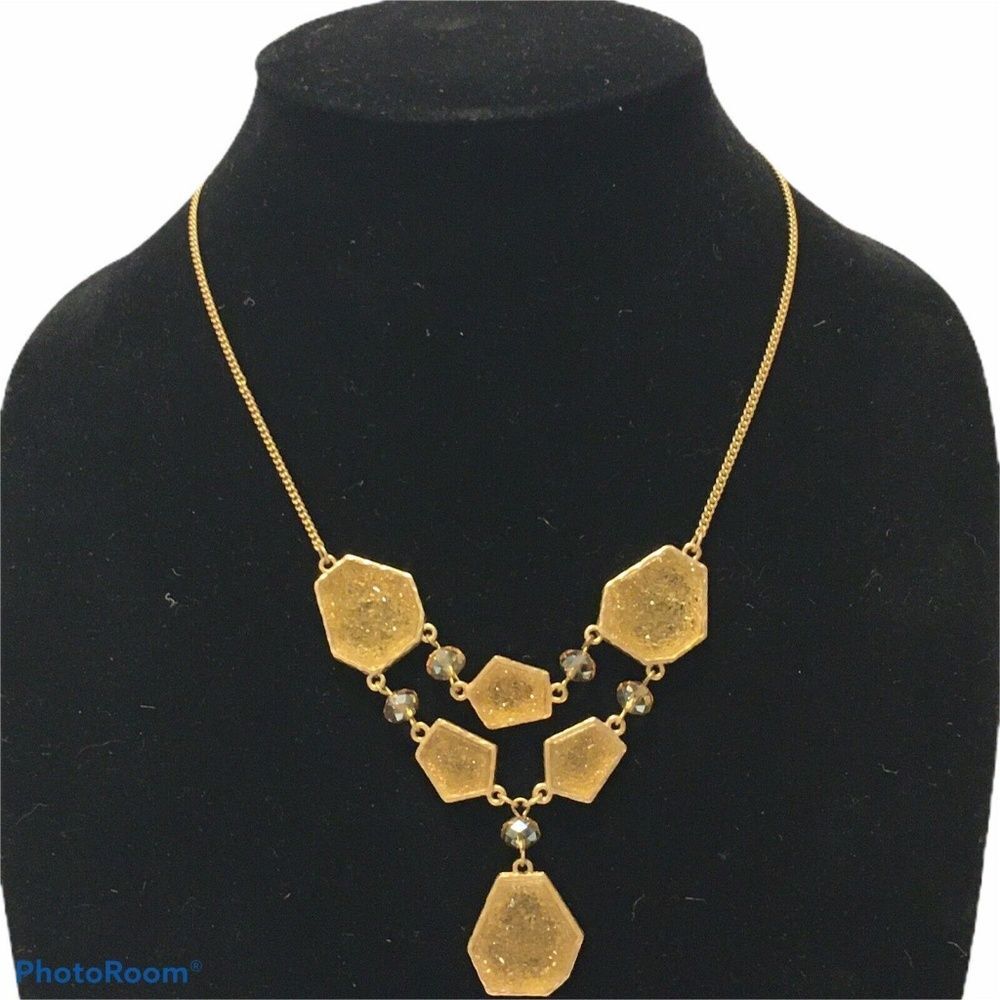 Gold tone Geode Druzy statement necklace yellow 17